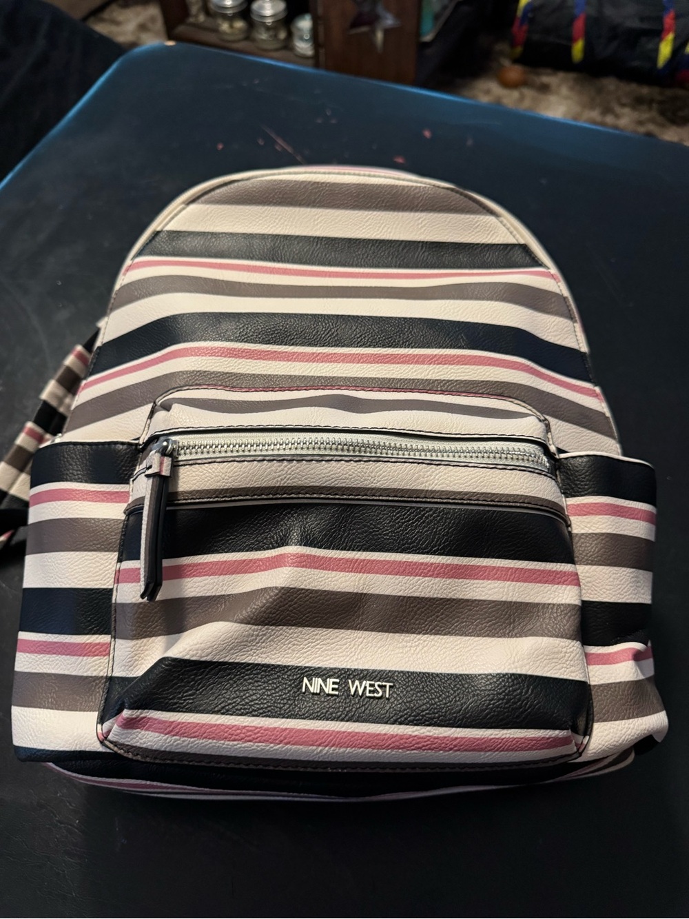 Nine West Striped Leatherette Backpack - Black, White & Pink